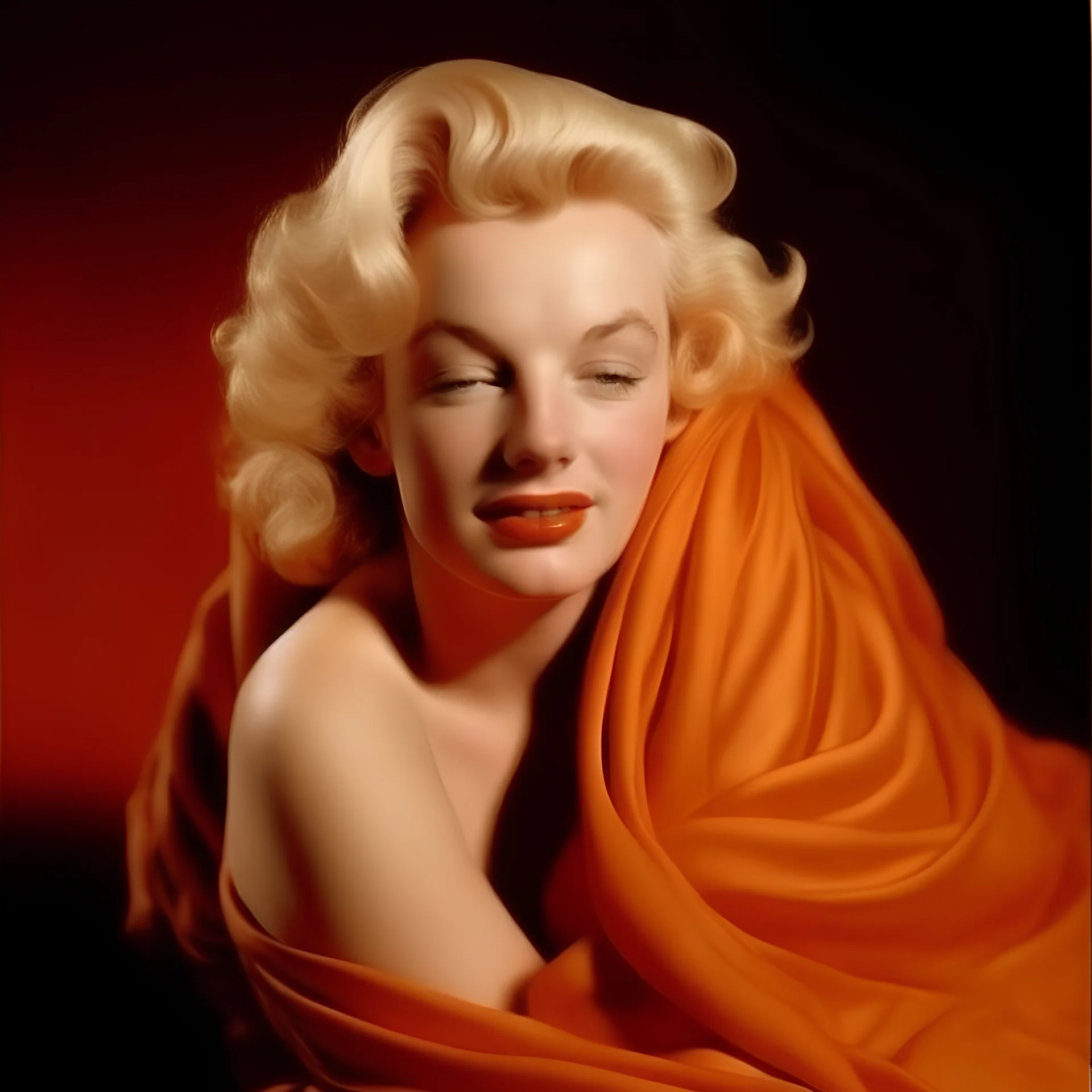 A photograph of marilyn monroe, disheveled, tired, eyes closed, no make up, in the style of milton greene, soft orange silk scarf around her shoulders, soft bacground