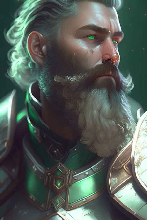 photorealistic white male bearded handsome, hyperdetailed painting, luminism, Bar lighting, complex, dark green miltary armor, 4k resolution concept art, Artgerm, WLOP, Alphonse Mucha, 3d render, octane render, intricately detailed, cinematic, awesome full color, hand drawn, dark, gritty, cinematic