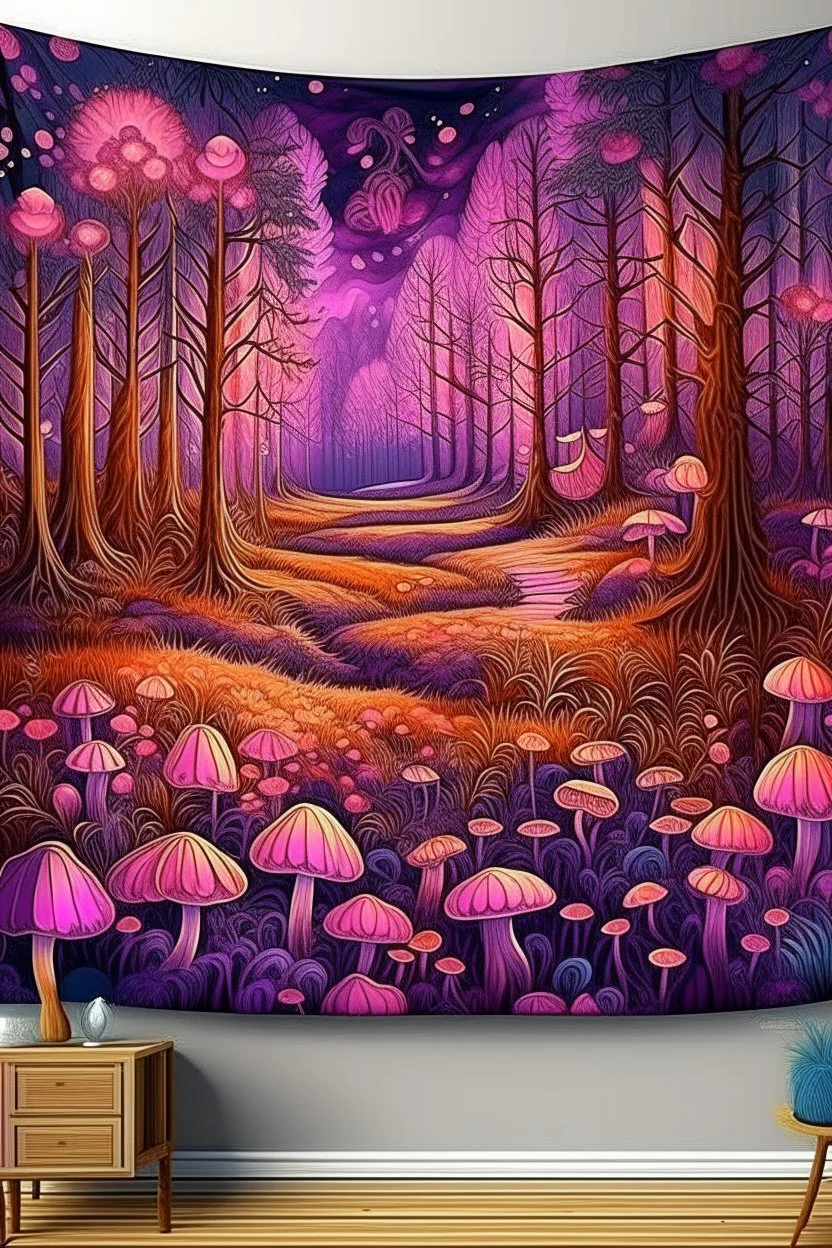 A purple forest with glowing mushrooms at nighttime designed in medieval tapestry painted by Claude Monet