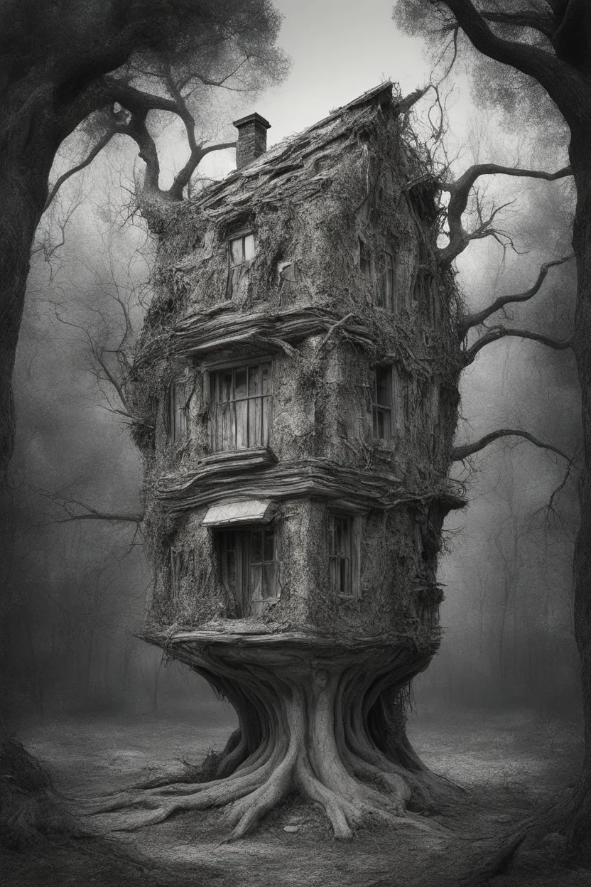 surrealis monochrome A fragmented, surreal sculpture liguid color of photorealistic image 3d,psychedelic art of a house surrounded by trees-glossy emerging from dreamlike a crumbling building. The face with with no eyes nothing appears pale with deep cracks and intricate details, evoking a haunting expression. Blackened tree branches intertwine with the gold mengkilat cracks, set against a backdrop of stormy, cloud-filled skies. bauhaus art The overall tone is dark and moody,