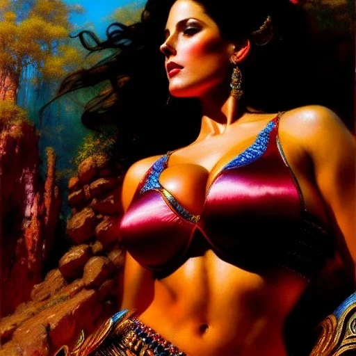 Drawing of beautiful face,'beautiful,Busty fit PoweGirl',intense stare, ancient skintight armor, balanciaga fashion clothe painting by gaston bussiere, greg rutkowski, yoji shinkawa, yoshitaka amano, tsutomu nihei, donato giancola, tim hildebrandt, Oil on canvas, cinematic composition, extreme detail,fit full head inside picture,16k