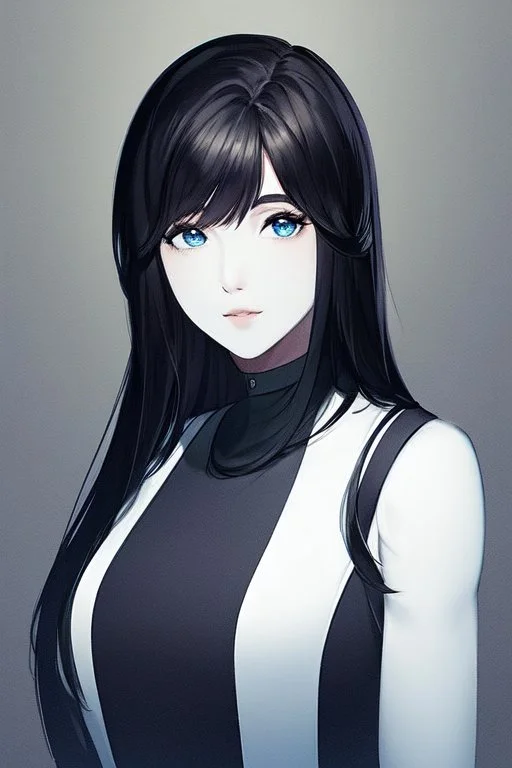 generate a realistic image of a skinny girl with white skin blue eyes and black hair beautiful portrait