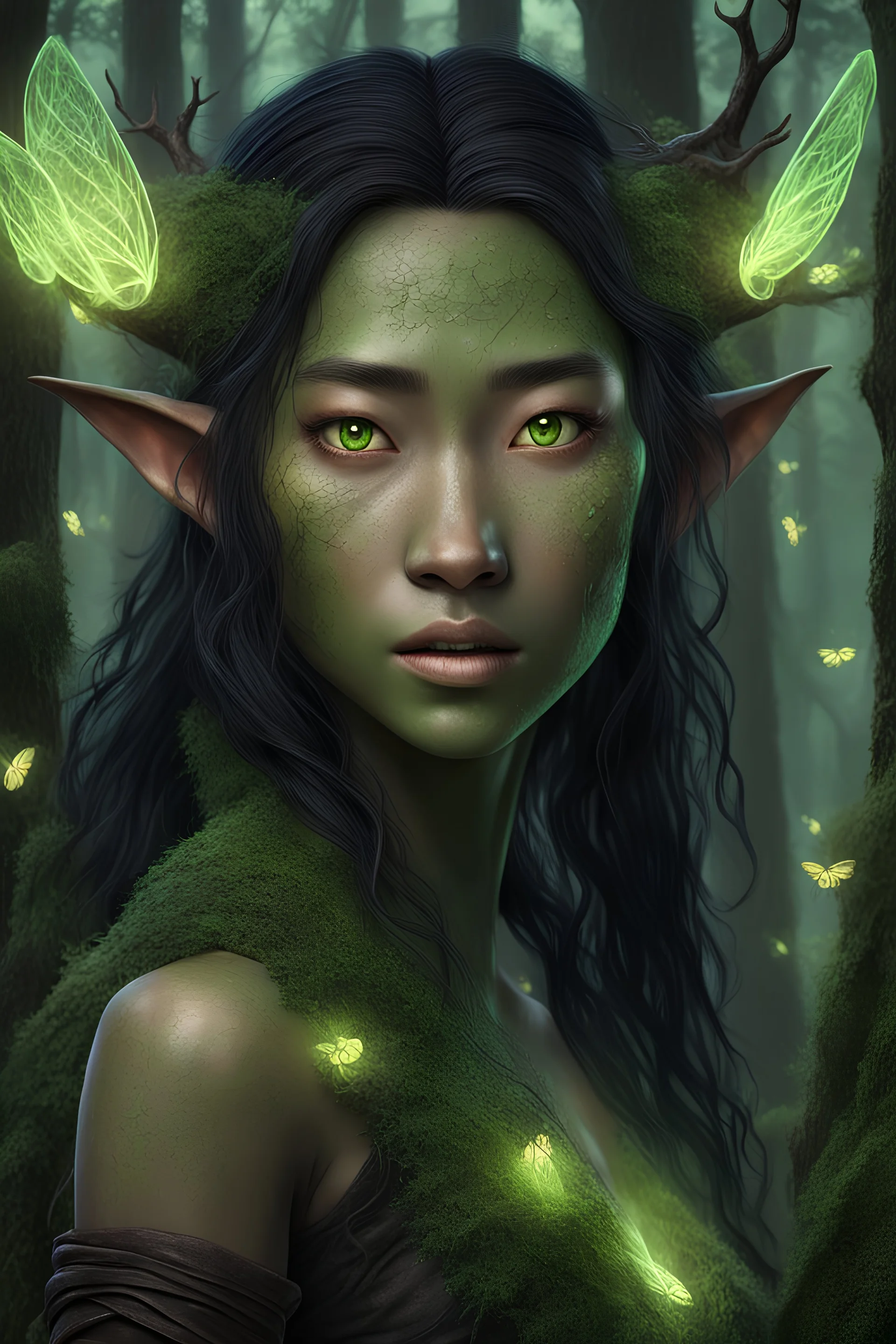 Druid, Elf, Mongolian face, Japanese face, green glowing eyes, black hair, bronze skin, mossy, natural, mystic, 3d Fantasy Art, detailed, realistic, shabby, black dress, majestic, forest, fireflies, woody