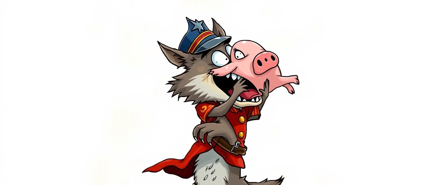 wolf carrying a scared pig general up into the air, stupid cartoon, airbrush and pen outline