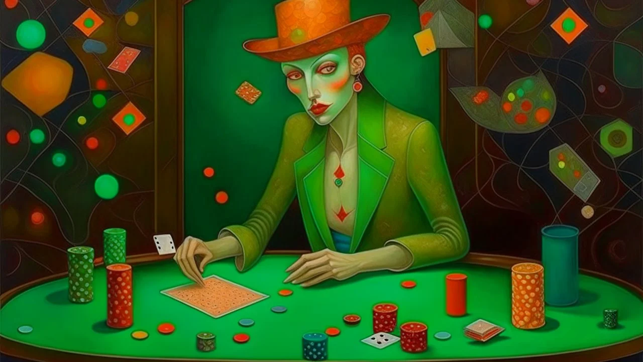 the rolling dice-headed poker player at the green table surreal by peter mitchev