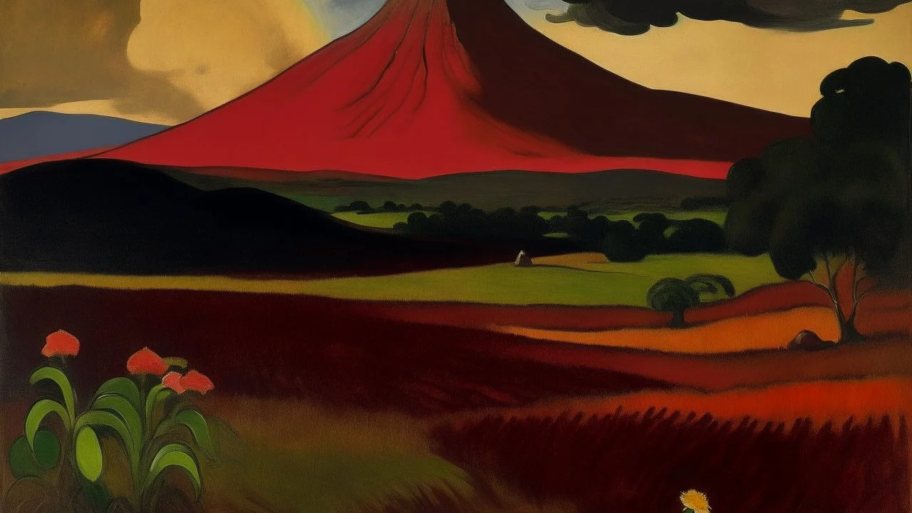 A brownish red field near a volcano painted by Paul Gauguin