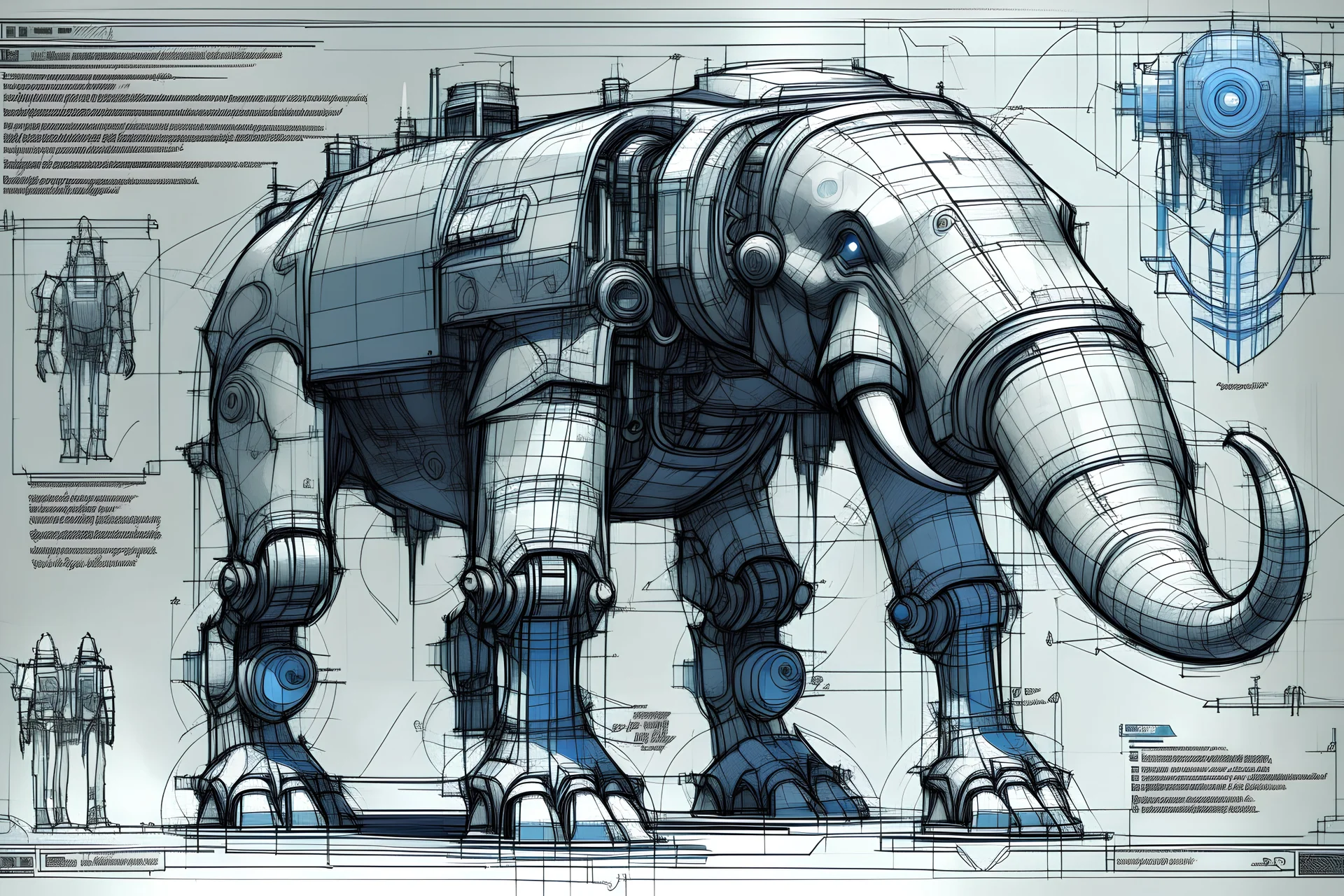 Blueprint concept art sketch: robotic steel elefanttrunk, with eye in trunk