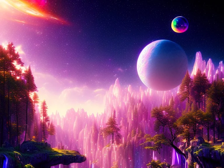 night stars galaxy crystal cosmic and galactic ambiance waterfall hill sky rocks sunset trees pools , full of details, smooth, bright sunshine，soft light atmosphere, light effect，vaporwave colorful, concept art, smooth, extremely sharp detail, finely tuned detail, ultra high definition, 8 k, unreal engine 5, ultra sharp focus