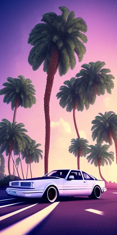 1980's aesthetic vaporwave palm trees with spheres and car