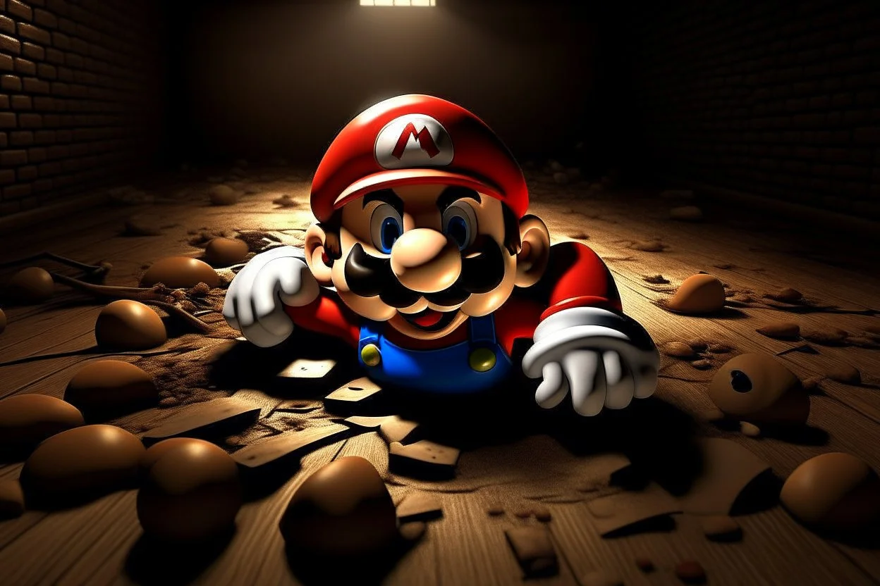 mario laying on the floor , super mad