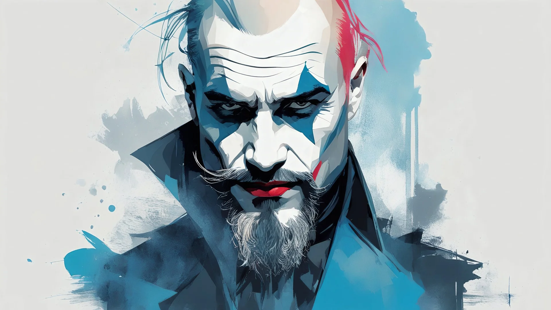 aesthetic, painterly style, modern ink,front face,Bald, big beard، joker model , blue, sensual, sultry, dark blouse, expressive pose, urbanpunk, abstract texture multilayer background, neo-expressionist , Russ Mills, Ian Miller