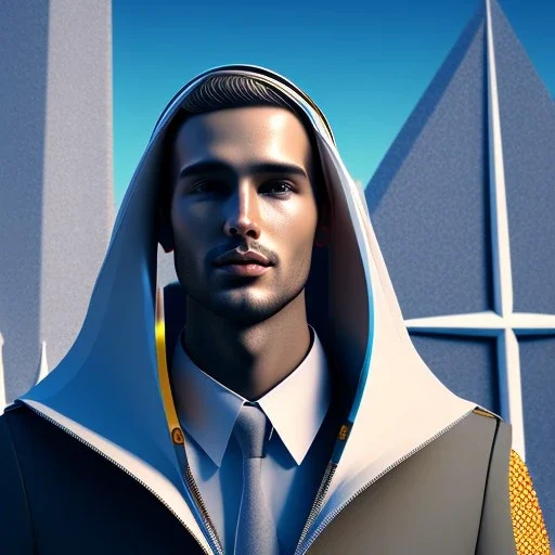 A handsome npc standing in front of a church, futuristic design, a paradise in background, close-up face, geometric yrmor