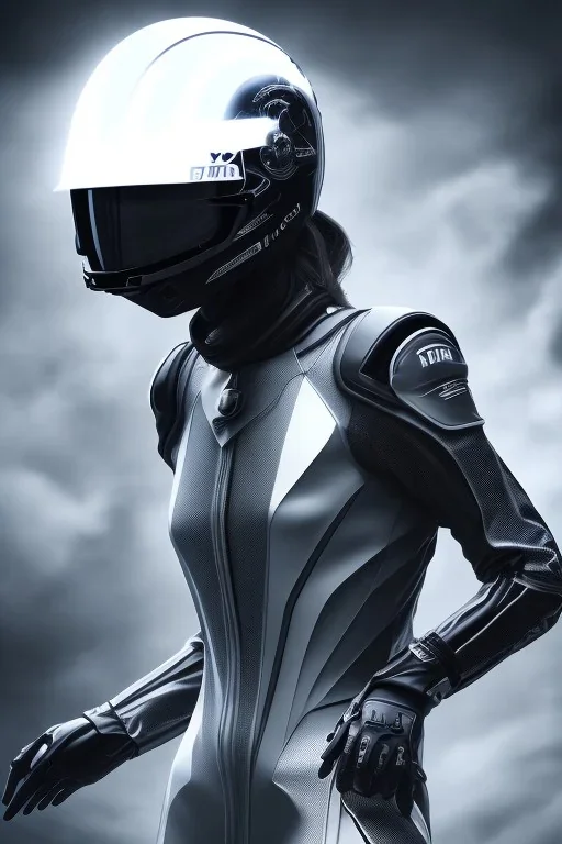 All Black racing suit AnnaSophia Robb, portrait, ghost mask, wearing high tech racing helmet, white smoke, dark, rage, sorrow, high definition, ultra 8 k, volumetric lighting, blue fire, fog