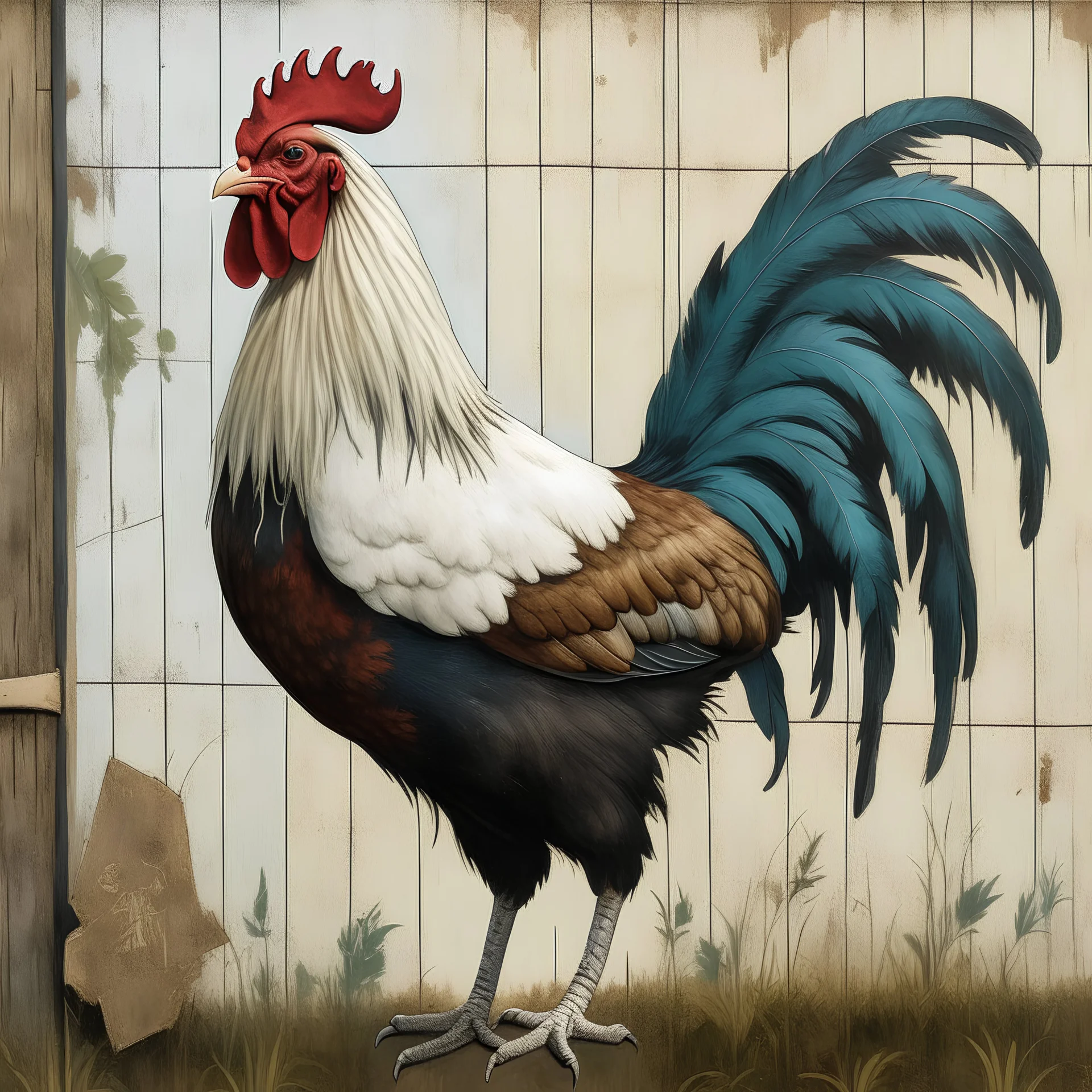 A portrait of a rooster in a proud pose. Canvas, textured paint, white washed. Farm setting with a barn in the background.