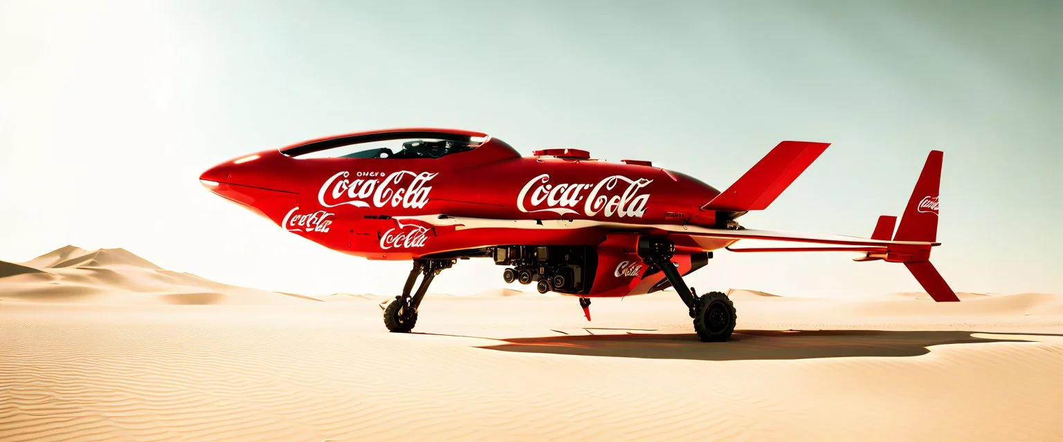 Coca-Cola Branded unmanned combat aerial vehicle, middle east Desert, cinematic, Fuji Film, Anamorphic lens, 2040s, deep depth of field, in a Cyber punk WW3 film