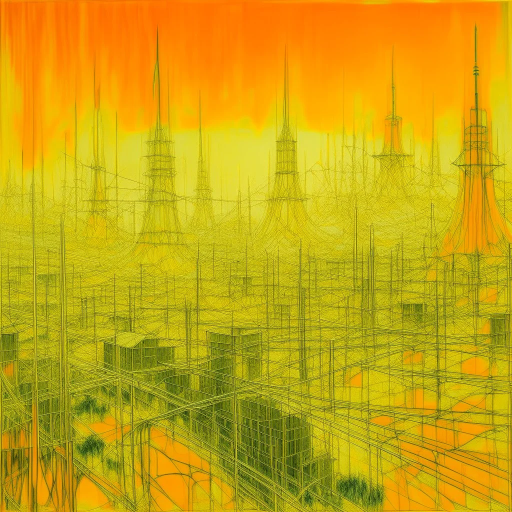 A light yellow metropolis with electrical towers painted by Vincent van Gogh