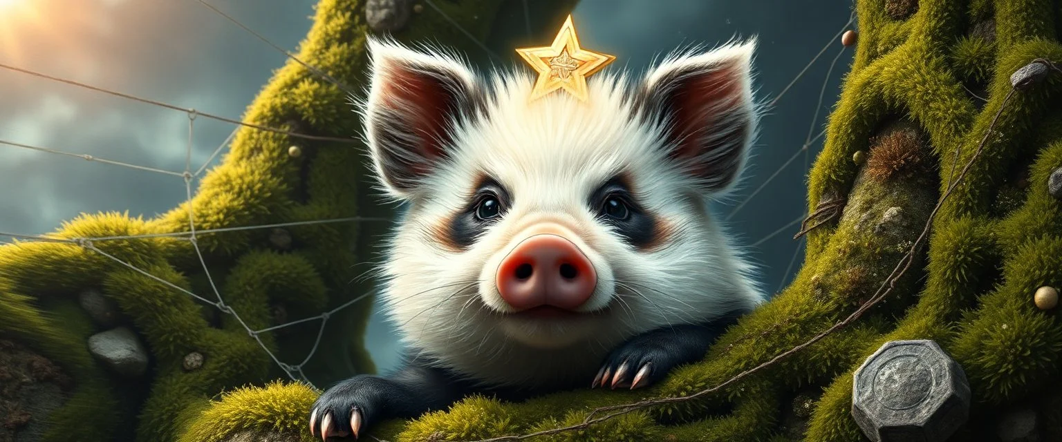 the high speed magical face of a fluffy panda pig star with charm and head set in web from mossy tower, master oil painting by Rembrandt and Escher, in his moss covered space ship , brightened edges to give a sense of depth, motion blur