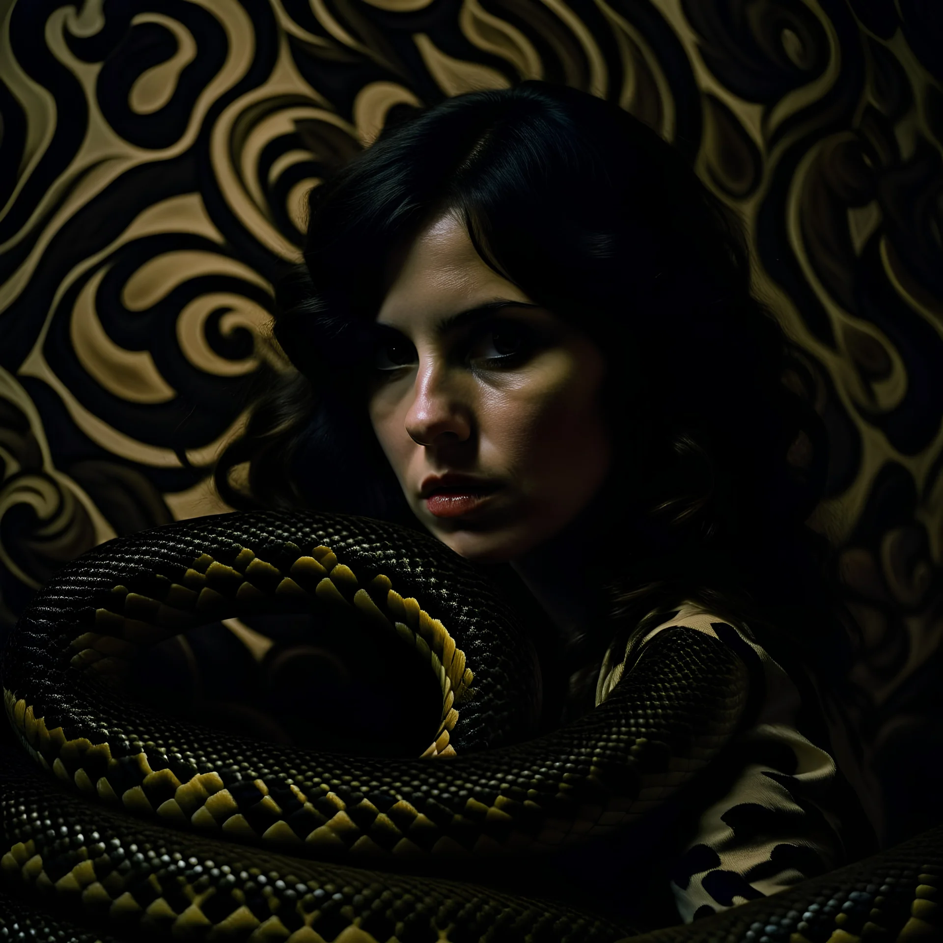 Strong texture, photorealism, odd figures, Caravaggio. People, dynamism. Intricate patterns, hypermaximalist. Surreal, eerily mysterious, snake, Italian horror, Dario Argento. Movie shot, spooky horror. 33mm photography.