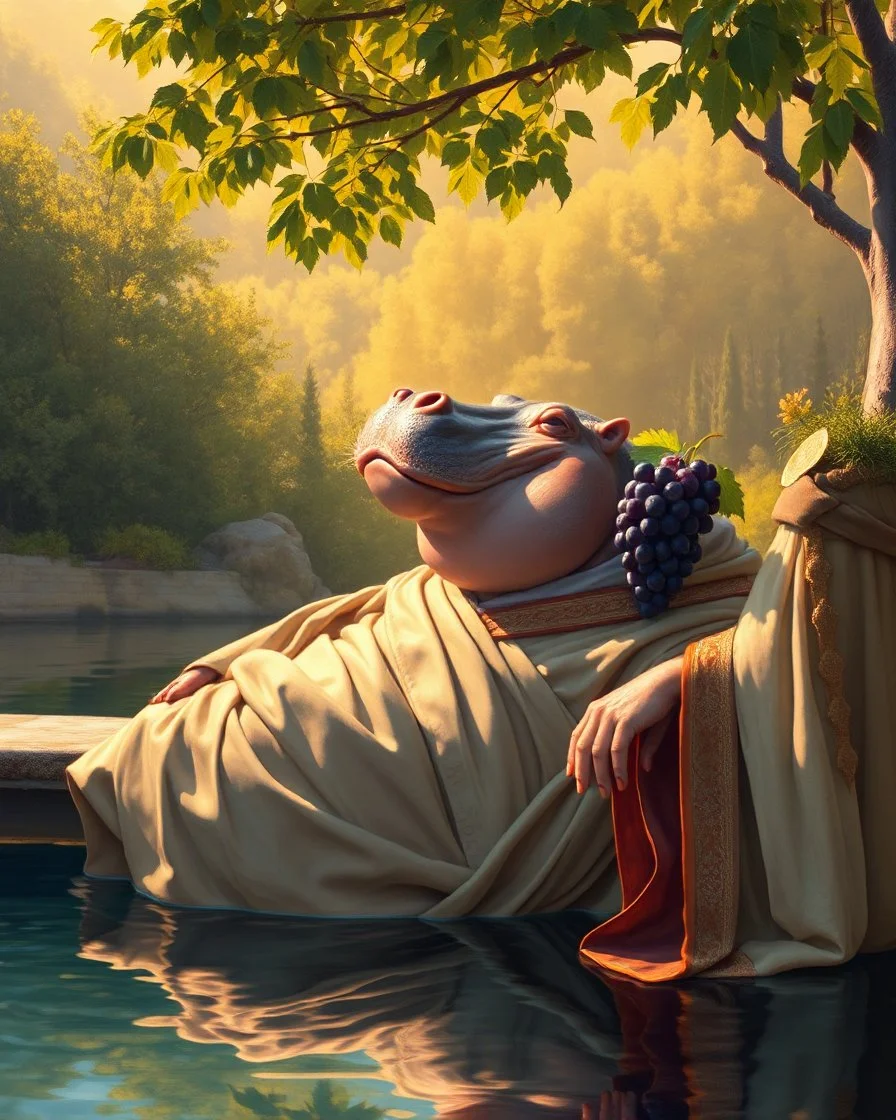 Oil painting inspired by the style of Maxfield Parrish. A hippo, draped in voluminous, flowing robes, relaxes peacefully by a reflective pool surrounded by lush greenery and soft, golden light. She gazes contentedly at her surroundings, with a calm, serene expression. A companion holds a cluster of grapes, enhancing the tranquil and luxurious setting. The scene has a dreamlike, painterly quality with warm, harmonious colors and intricate textures in the landscape and robes.