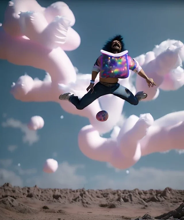 Ultra realistic clouds sky scene, wide angle, sweet childs falling down, man playing guitar, inflatable color clothing, free jumping flying, many trinkets, monster hair, hair monster, many jelly beans, balls, smile, happy, circus style, extreme, wind, clouds sea, 20,000 feet altitude, stratosphere, soft color, highly detailed, unreal engine 5, ray tracing, RTX, lumen lighting, ultra detail, volumetric lighting, 3d, finely drawn, high definition, high resolution.