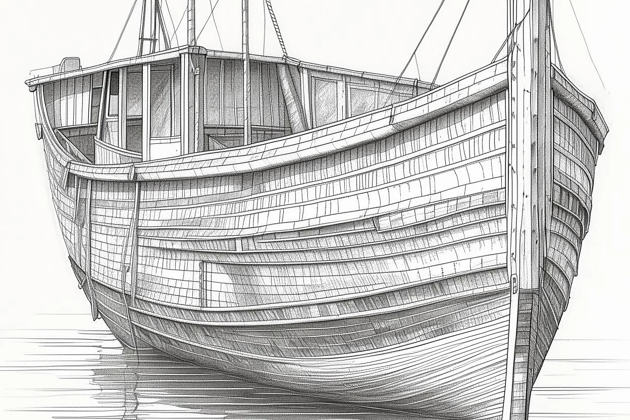 Drawing of a fishersboat, high detail, realistic, pencil drawing, paint details,