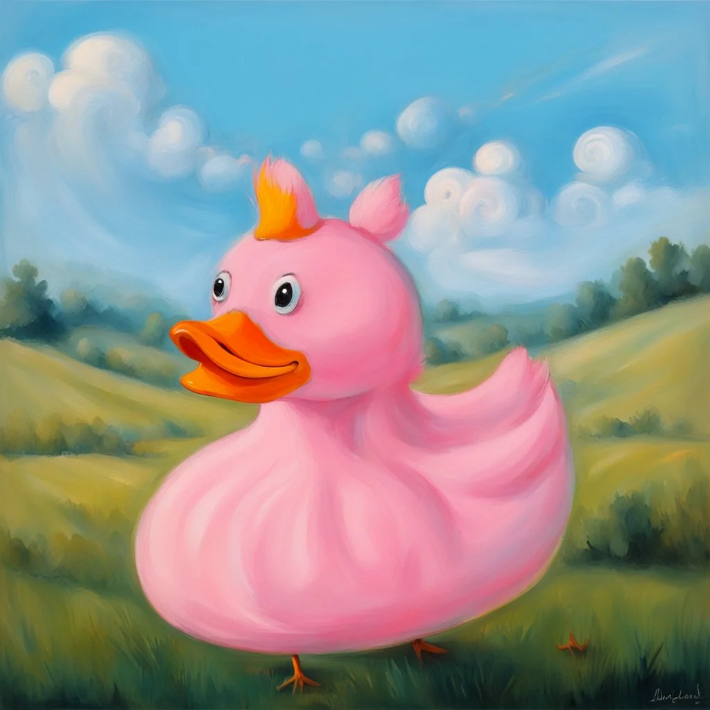 a pink duck doll like a 19th painting