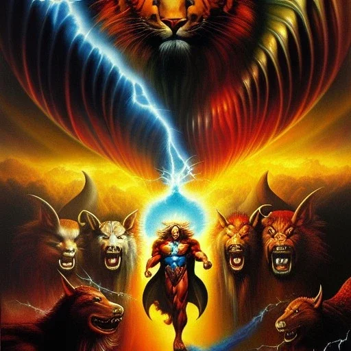 portrait oil on canvas,'four beasts of revelation 4',comic book cover, mystical colors,insanely detailed,realistic,intrincate detail, 16k resolution, masterpiece,Simon Bisley,Frank Frazetta,Alex Horley,ARTHUR ADAMS