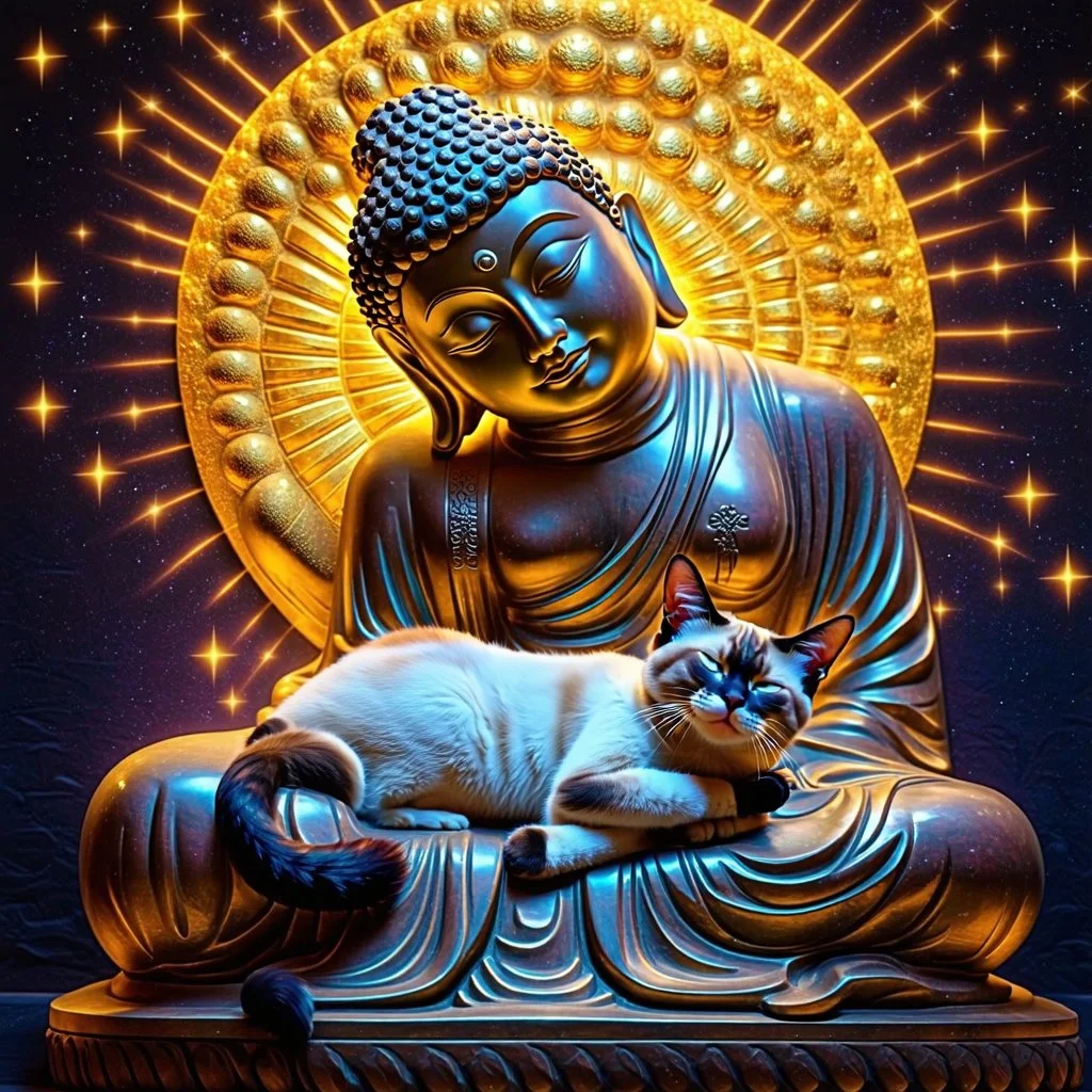 the style of Gustave Klimt, a Siamese cat sleeping in the lap of a sitting stone statue of a Buddha, completely relaxed. Modifiers: elegant dof photorealistic beautiful dynamic lighting 4K 3D cinematic postprocessing acrylic art focused stars neon glowi