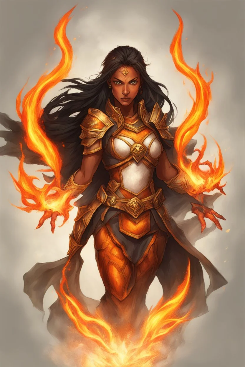 Capture the fierce essence of a female Paladin Druid, her eyes ablaze with fiery magic as she conjures flames with her hands. Bright black, half-braided hair appears infused with the essence of fire, complementing her light magical armor. A prominent scar on her face tells tales of battles faced and conquered, all against the canvas of her tanned skin, embodying strength and elemental mastery.