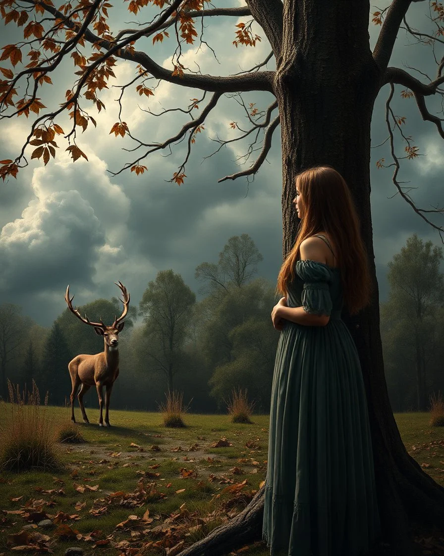 Bosch painting style, nightmare , a beautiful woman standing by the tree branches and leaves, looking at deer standing by great quality picture with cinematic scenes , heavy clouds in the background