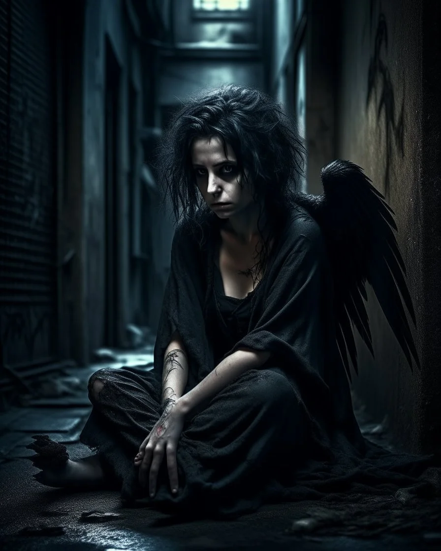 This image shows a fallen angel in a haunting, atmospheric scene. She sits in a dark alleyway, surrounded by subtle shadows and grunge textures, her skin damaged and her wild hair disheveled. A blind crow perches on her shoulder, adding to the eerie mood.