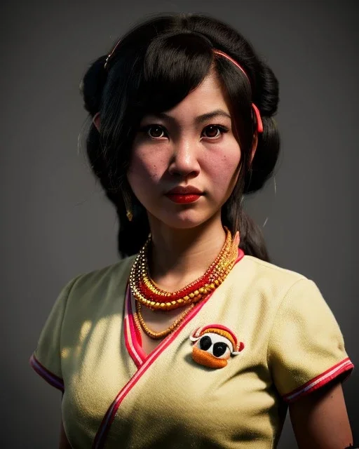 Portrait, thai waitress woman with monster muppet mask that covers her entire head, retro style, Sesame Street style, red, smooth, unreal engine 5, god lights, ray tracing, RTX, lumen lighting, ultra detail, volumetric lighting, 3d.