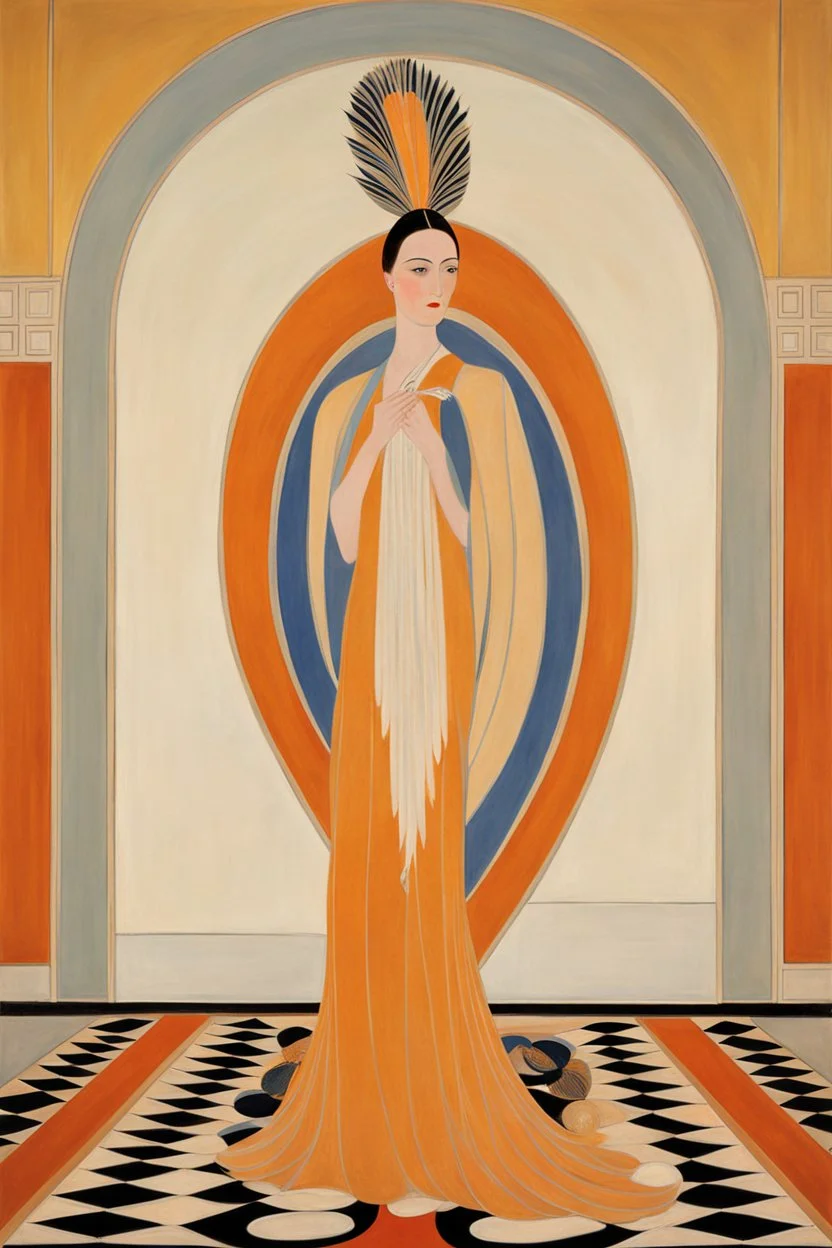 a woman with feathers in an Art Deco foyer by artist "Hilma af Klint"by artist "Erté"