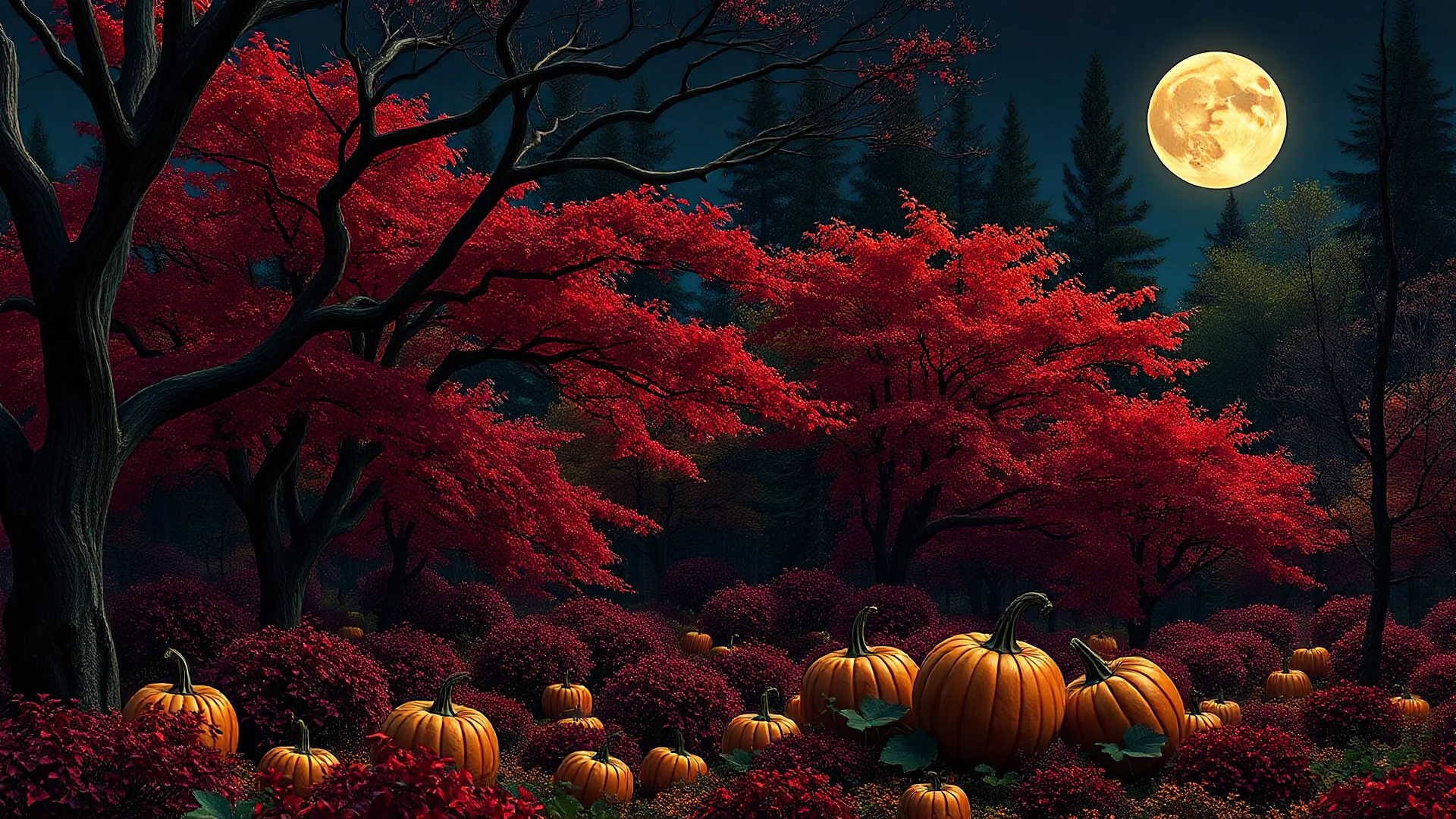 pumpkins, trees with thick branches, red purple foliage growing in Autumn colored forest, green orange, full moon, trees, flowers, night, 8k, high quality, trending art, trending on artstation, sharp focus, studio photo, intricate details, highly detailed, by tim burton