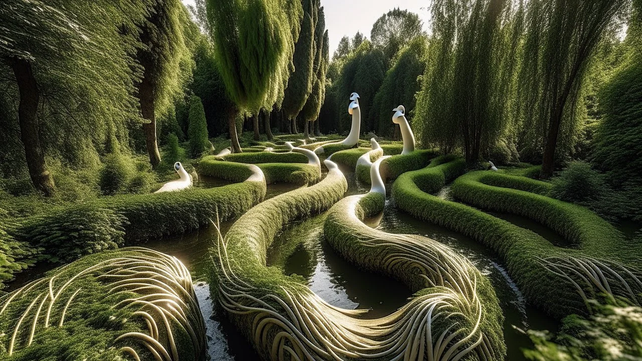 Explore a whimsical maze where swans glide gracefully through winding paths, surrounded by towering trees that whisper secrets of ancient magic.