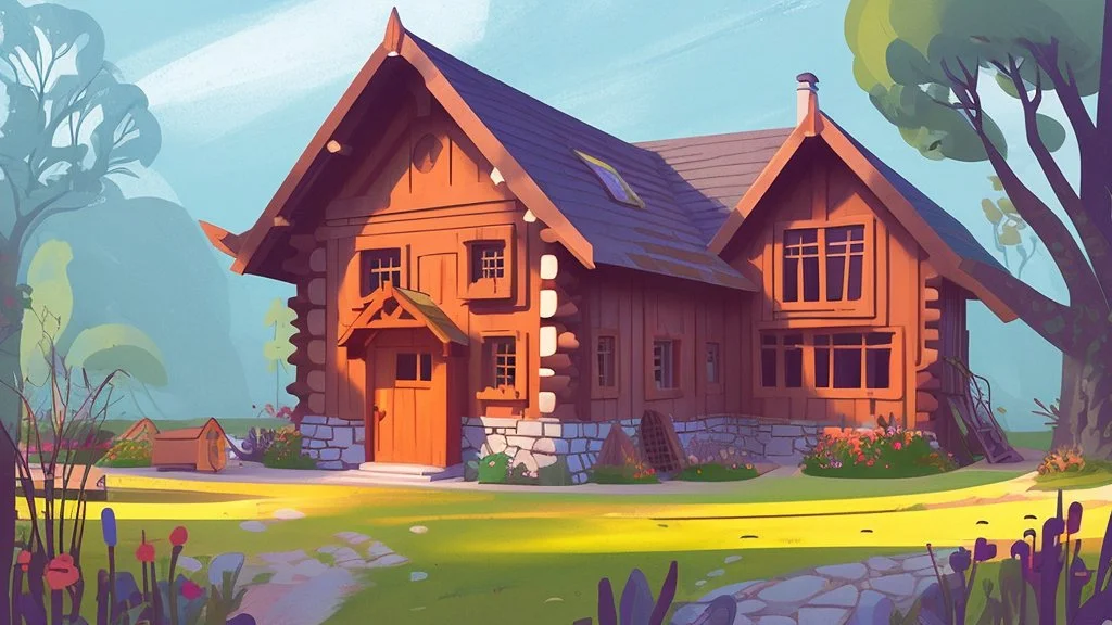 fantasy cartoon illustration: a new wooden house in the village in Ireland