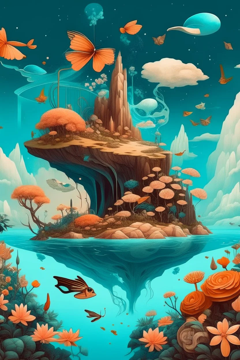 a surreal scene featuring giant flowers sprouting from floating islands with an interesting blend of coral reefs, butterflies, and stars. Compose it in a style inspired by Salvador Dali.