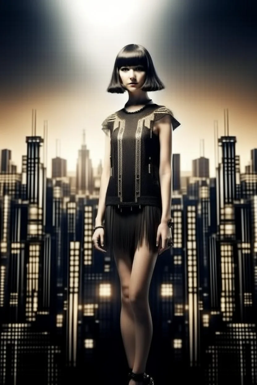 full body picture of a skinny woman with a bob, a fringe black hairstyle, 1920s flapper clothing, futuristic city background