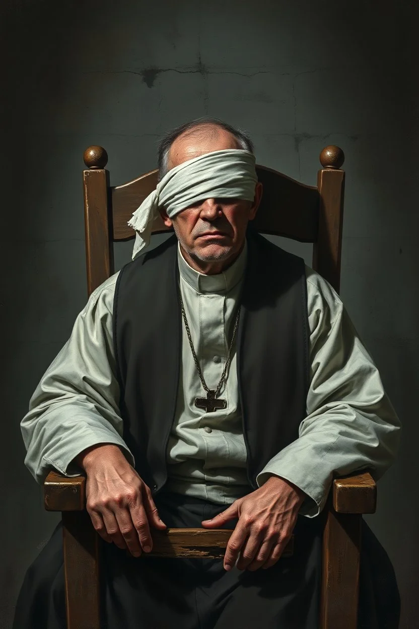 A priest they but a fabric on his eye so he can not see and looks miserable with bruises on his face like he has been beating sitting on a broken chair in a prison with dem light and dark prison environments , Busch painting style , sureal