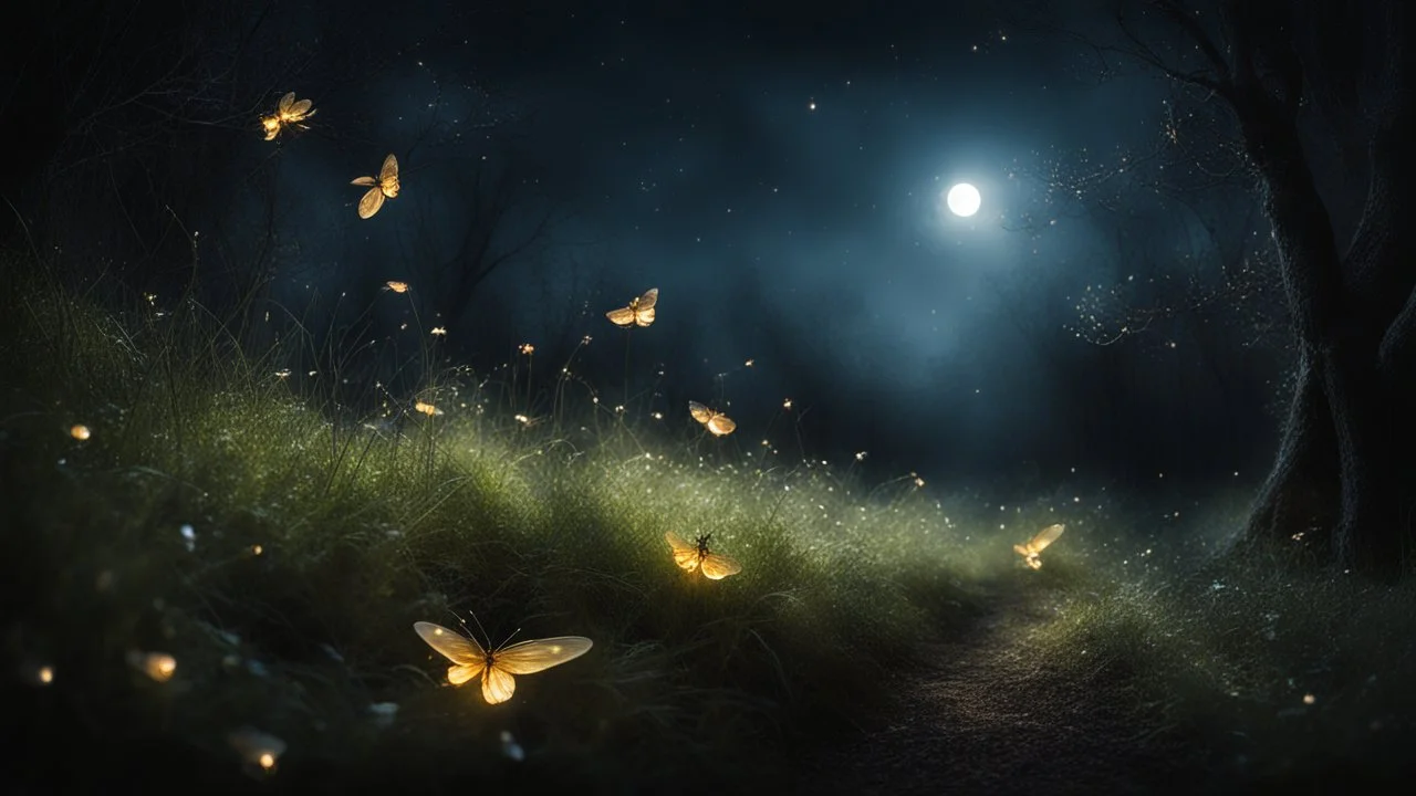 dream world, calm beauty, fantasy world, magic, night, darkness, fireflies, glow-worms, splendor, uplifting, inspiring, therapeutic, moonlight, chiaroscuro, color, award-winning colour photograph, beautiful composition, Nikon 85mm