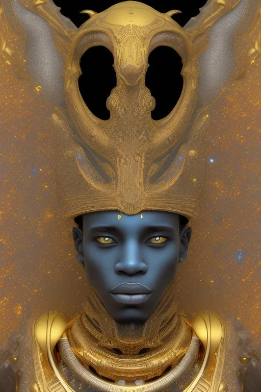 black male African Egyptian alien, cracks in the voodoo head, wicked, diamond eyes, crown, blood, 8k, finely detailed, photo realistic, leopard robe turquoise skull head gold dragon space alien rain skeleton gold teeth silver crown silver space suit spaceships