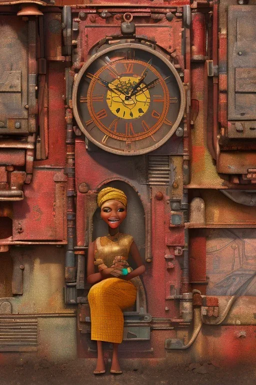 african portrait in rusted clocks, clock face, rust, scaffolding, ghana colours, cyberpunk, high detail