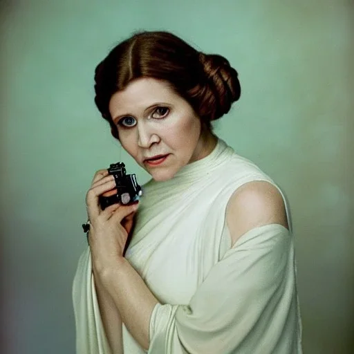 Hyperrealistic, 8k centered photographic portrait of [[Carrie Fisher as Princess Leia in Star Wars]], leica, 35 mm, technicolor, natural colors, telephoto, 24 mm, portrait photo by Annie Leibovitz, film, studio lighting, detailed skin, ultra realistic, bokeh, sharp features