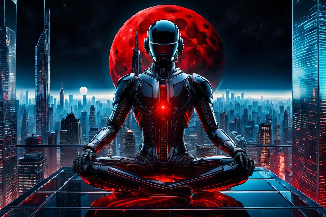 translucent glass human-android mutante with all its nerve endings visible inside sitting on glass roof and lookin the red-black moon in hightech cyber city, dynamic lighting, hyperdetailed, intricately detailed, deep color, cinematic, unique, melancolic atmosphere