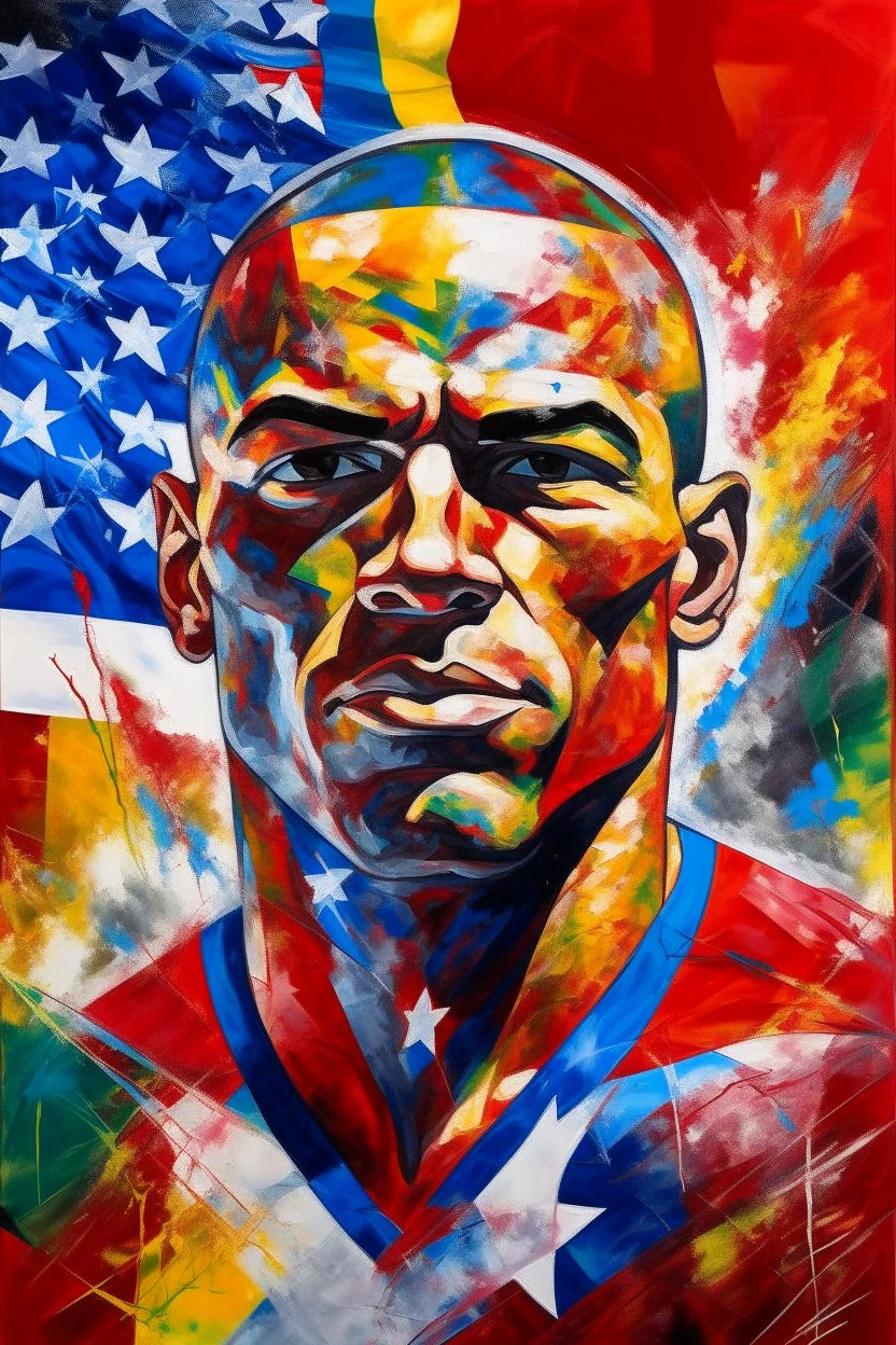 an expressive painting of the Olympic flag painting, with American flag in the background, we might see a companion with features of absolute strength and determination, blended with warmth and deep faith. Perhaps his face expresses wisdom and courage, with eyes radiating confidence and faith.