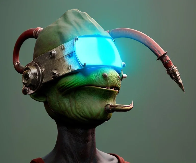 equipment headgear, goblin welder, green skin, head clamp, clamp screw, stuck on head, illustration, rocky backdrop