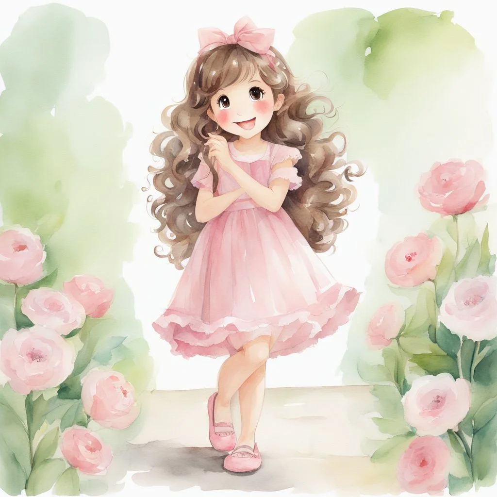 watercolor, full body, cute smile girl, curly hair, big eyes, long brown hair, pink dress, pink shoes, white backgrownd