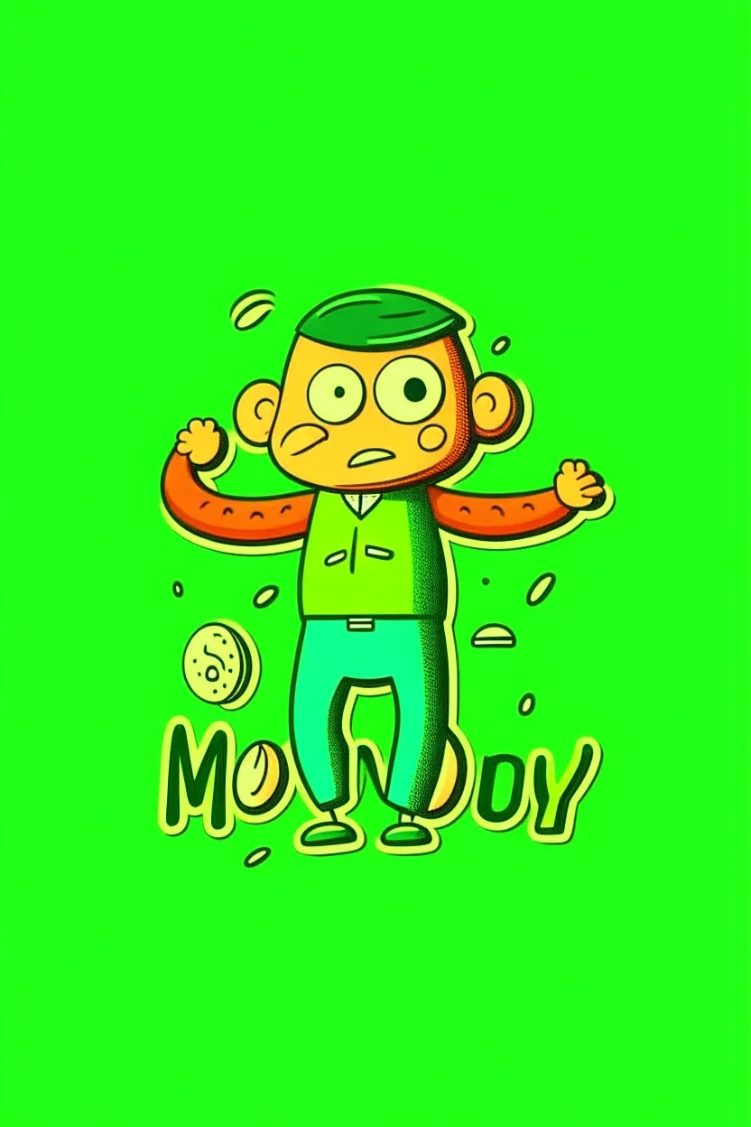 Style: Flat illustration with bold outlines Mood: Playful and joyful Lighting: Even and bright Text: "Monday" T-shirt design graphic, vector, contour, green background)