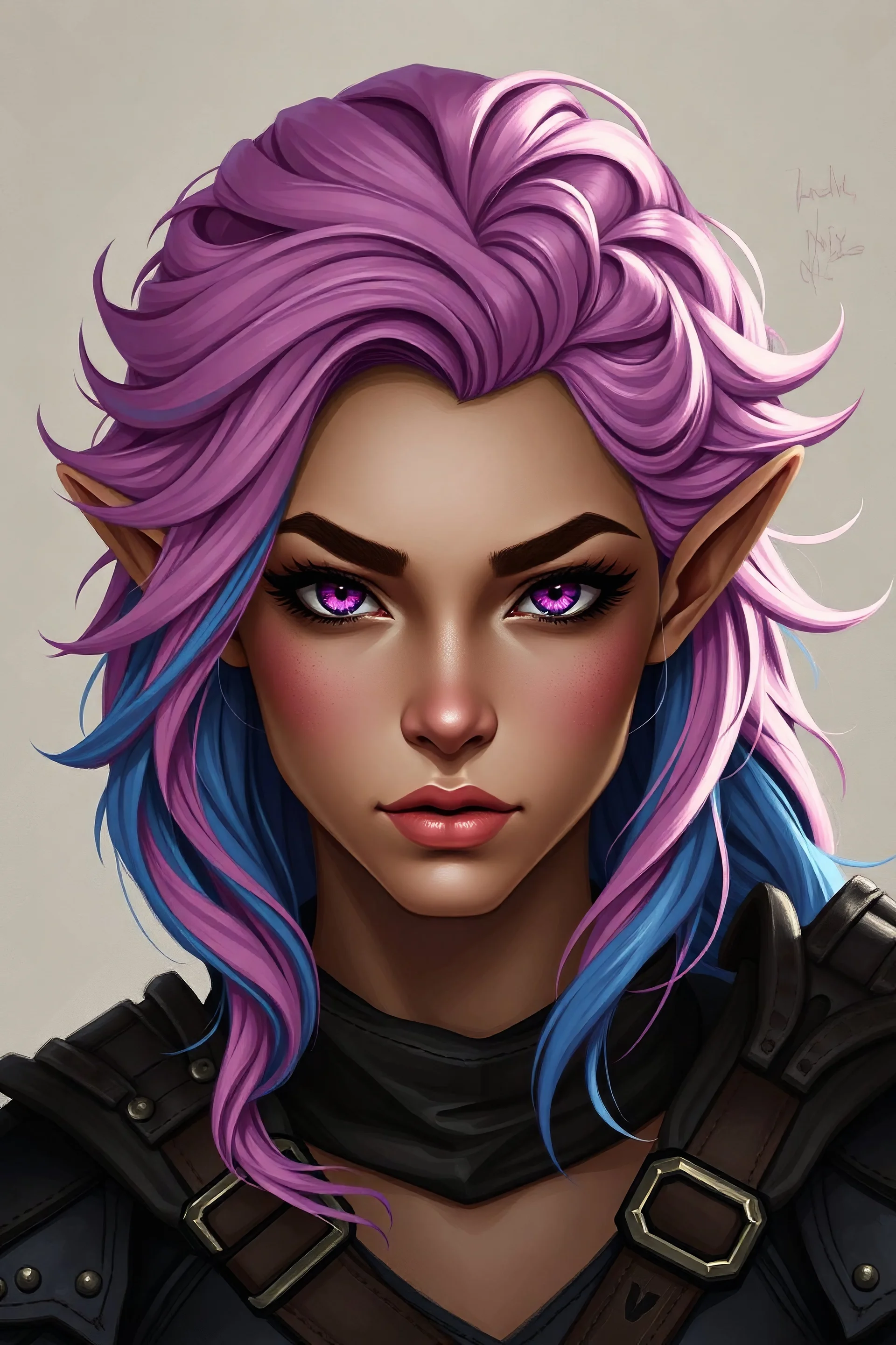 Generate a dungeons and dragons character portrait of the face of a female Half-Elf. She is a hexblade warlock. Her hair is pink and blue and voluminous. Her skin is tanned. Her eyes are deep pink. She wears leather armor in the aesthetic of a princess.