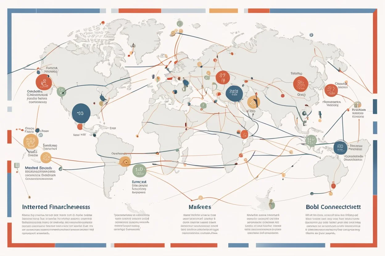 An infographic showing the interconnectedness of global financial markets, including stock exchanges, commodity markets, and bond markets. flat. No text